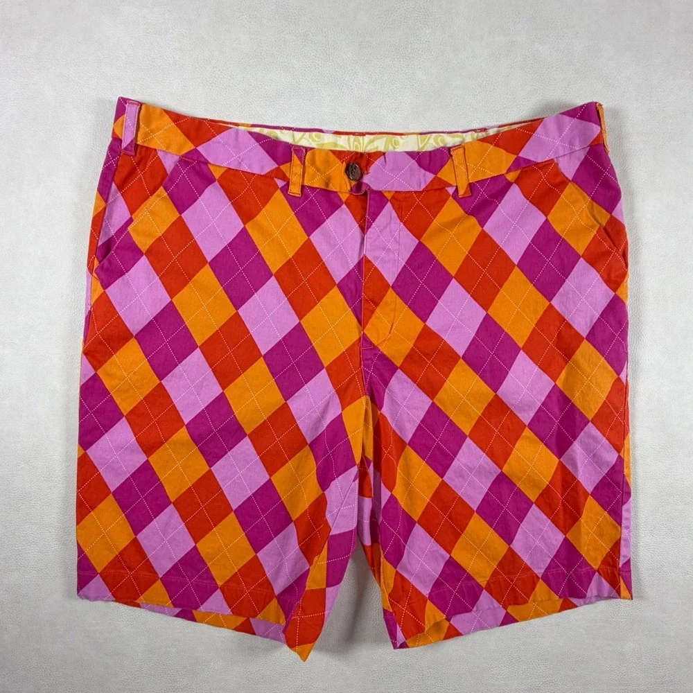 Loudmouth Golf Mens 42 Argyle Shorts Pink Orange Red Diamond Pattern Bold